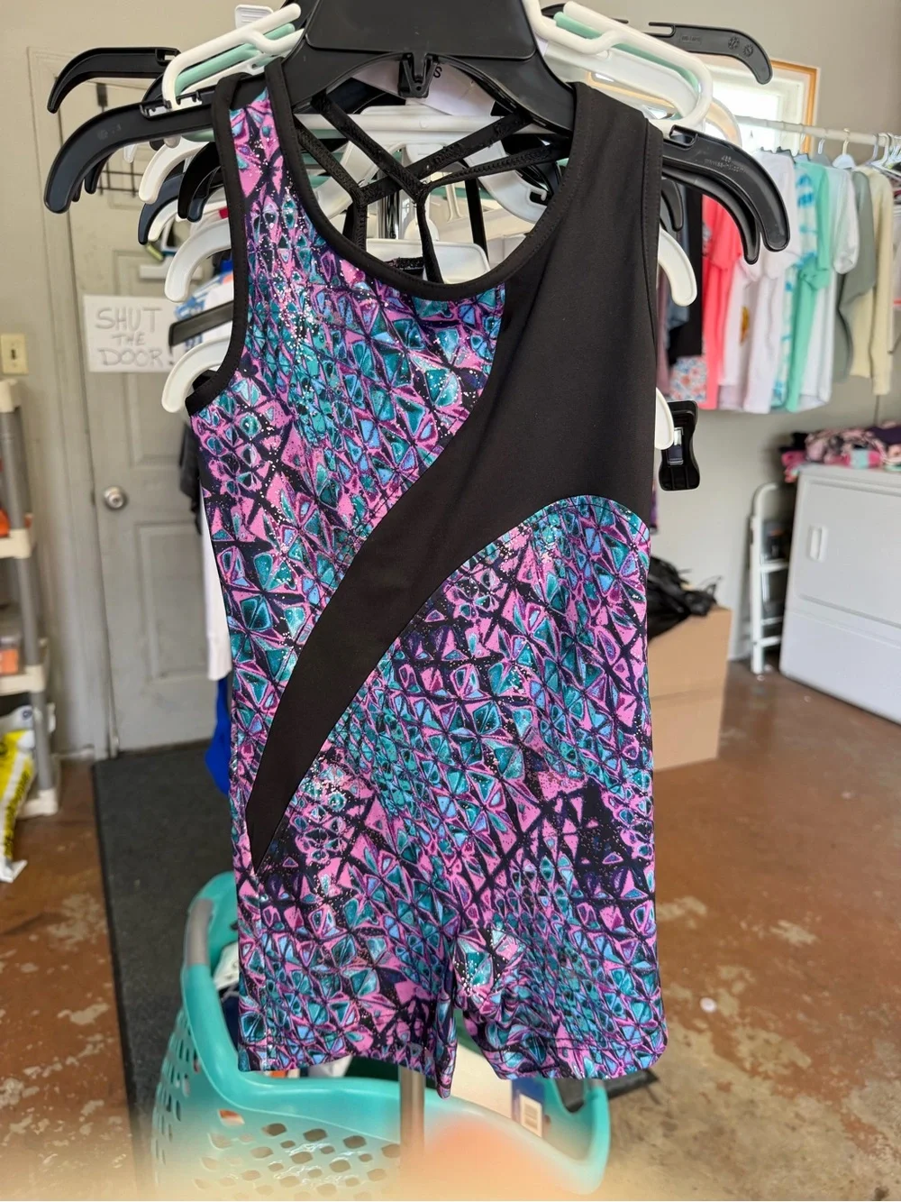 Girls Dance Unitard in Black with Purple & Teal Geometric Print